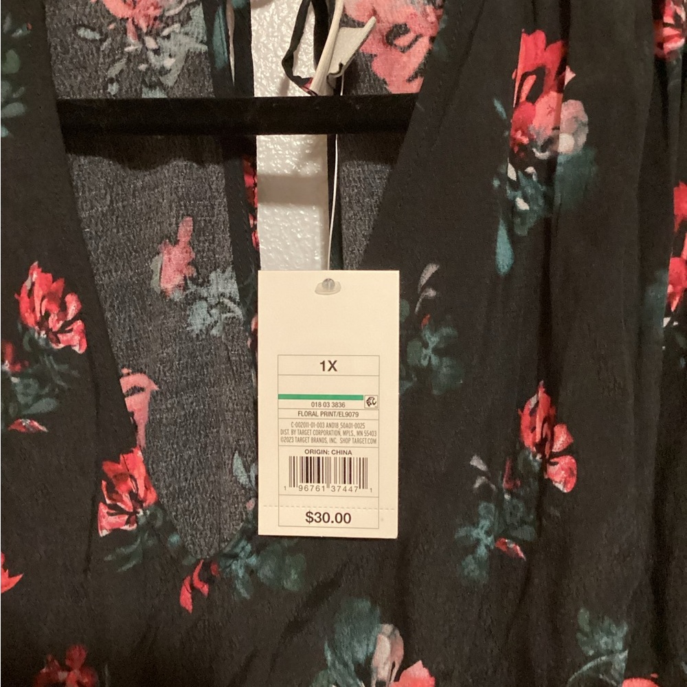 A New Day Floral V-Neck Long Sleeve Black Tiered Dress with Pink Rose Print NWT - Picture 3 of 9